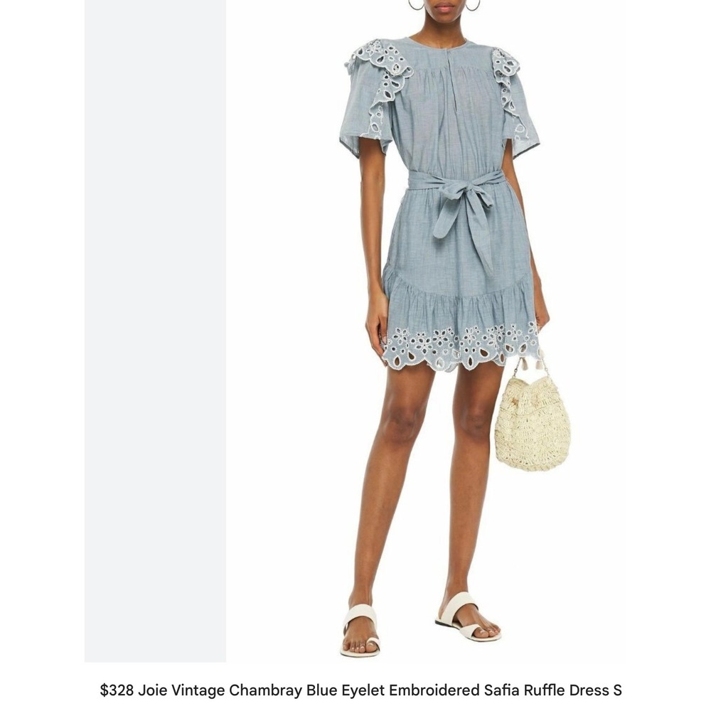 Joie Safia Chambray Blue Eyelet Embroidered Ruffle Mini Dress S